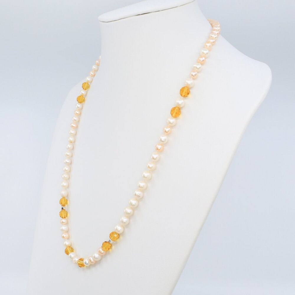 Vintage Freshwater Pearl‎ and Honey Colored Faceted Crystal Beads Necklace